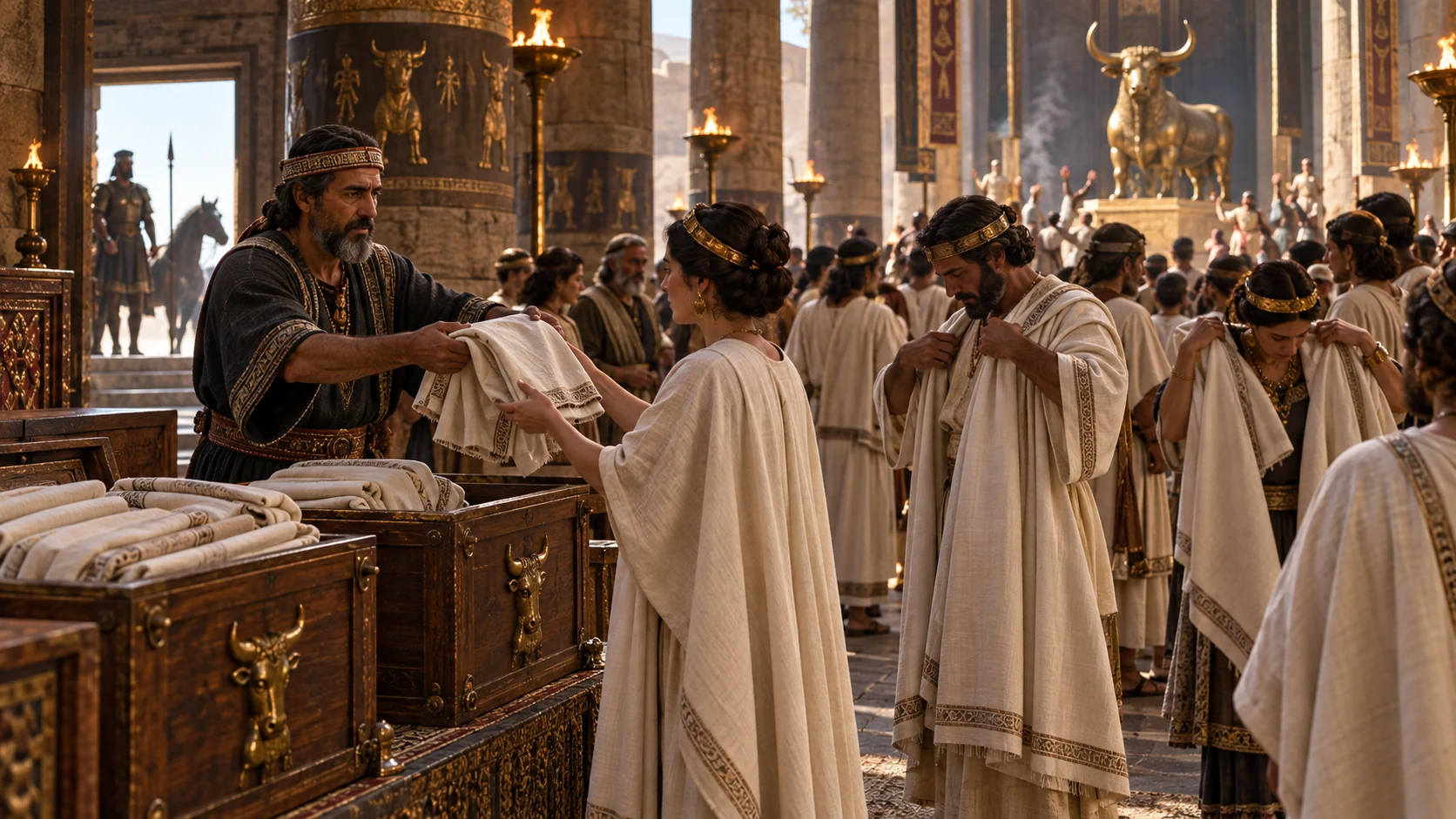 The wardrobe keeper distributes distinctive ceremonial garments to all Baal worshipers.
