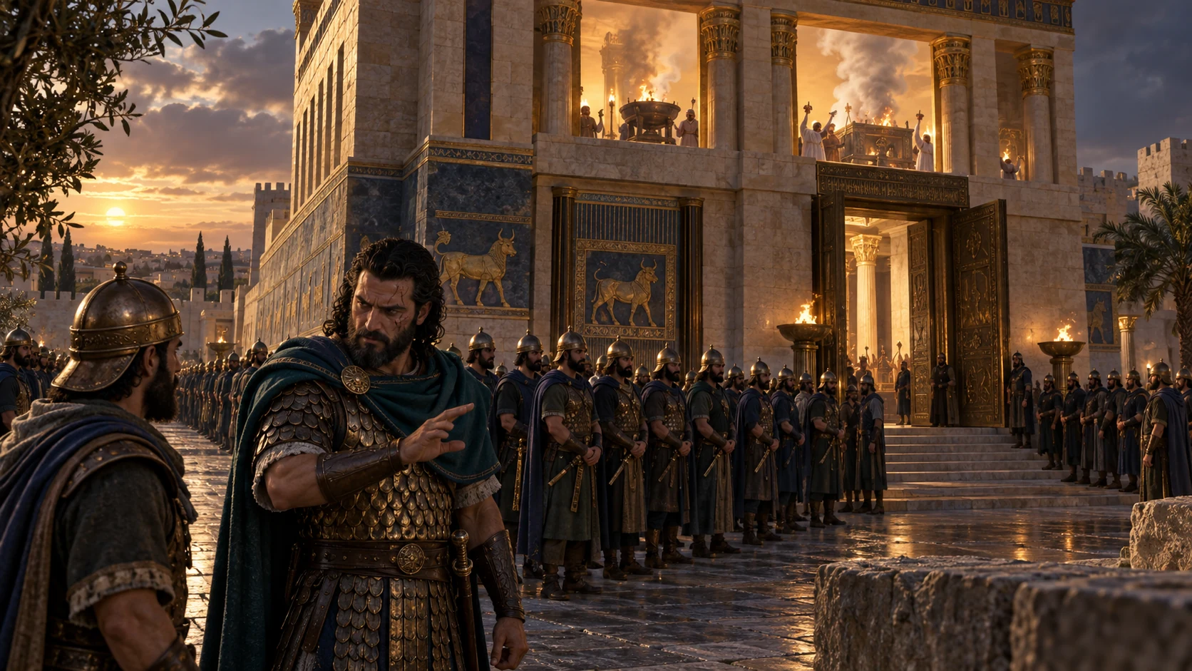 As sacrifices proceed inside, Jehu positions eighty guards outside the temple exits.