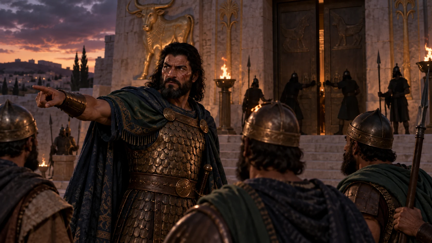 At Jehu’s command, guards enter and the temple doors close; violent aftermath is kept offscreen.