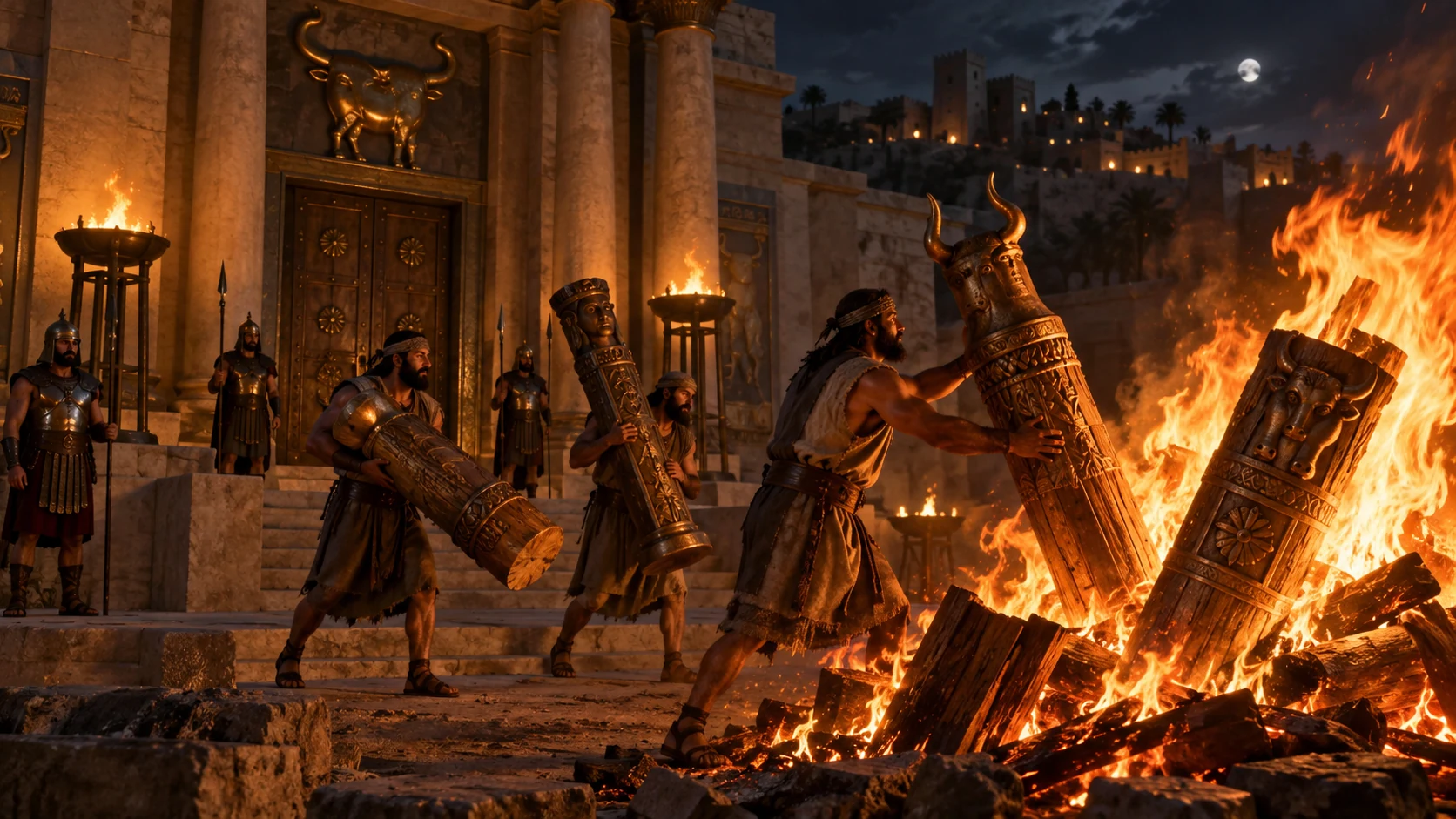 Jehu’s men bring Baal’s pillars outside and set them ablaze.