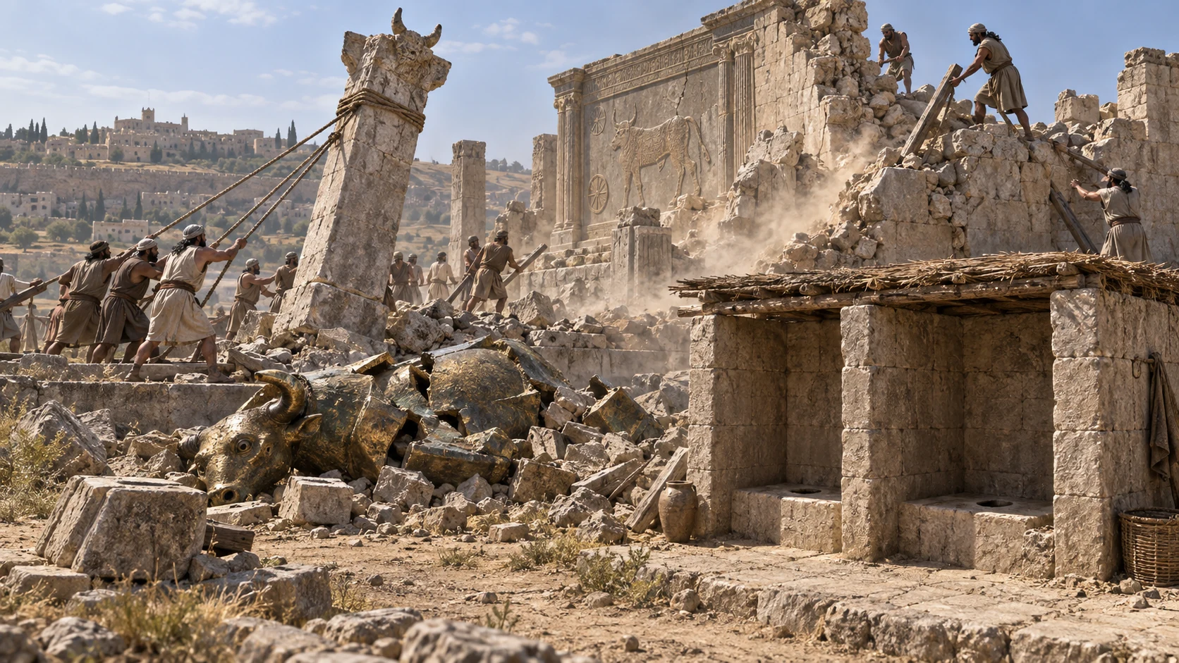 Workers dismantle the pillar and temple of Baal, leaving the site degraded and unusable.