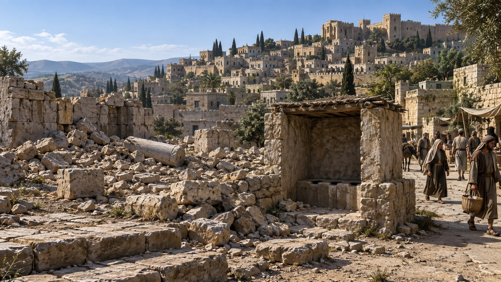 A wide view of the dismantled shrine shows Baal’s worship eliminated from Israel under Jehu.