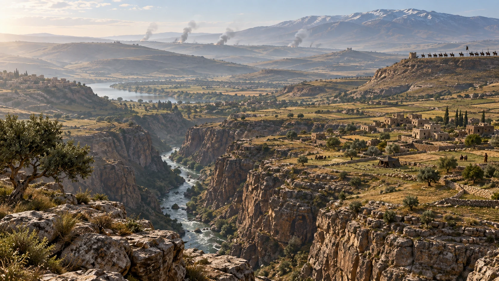 A maplike landscape traces vulnerable Gilead and Bashan east of the Jordan.