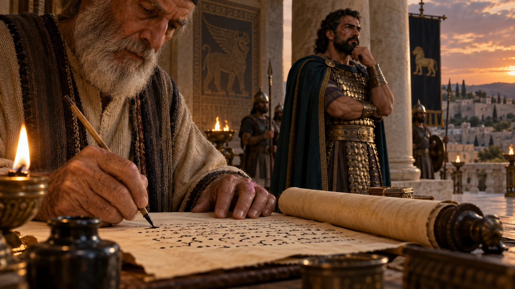 A court scribe records Jehu’s acts and military strength in a royal chronicle.