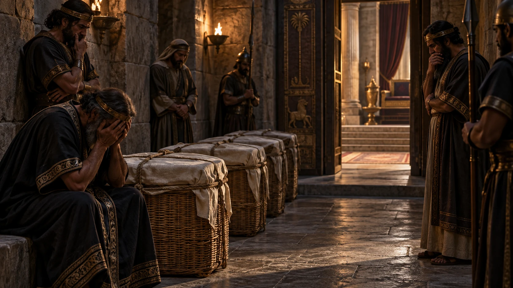 The guardians’ violent obedience is conveyed through closed baskets and their appalled faces, without depicting harm.