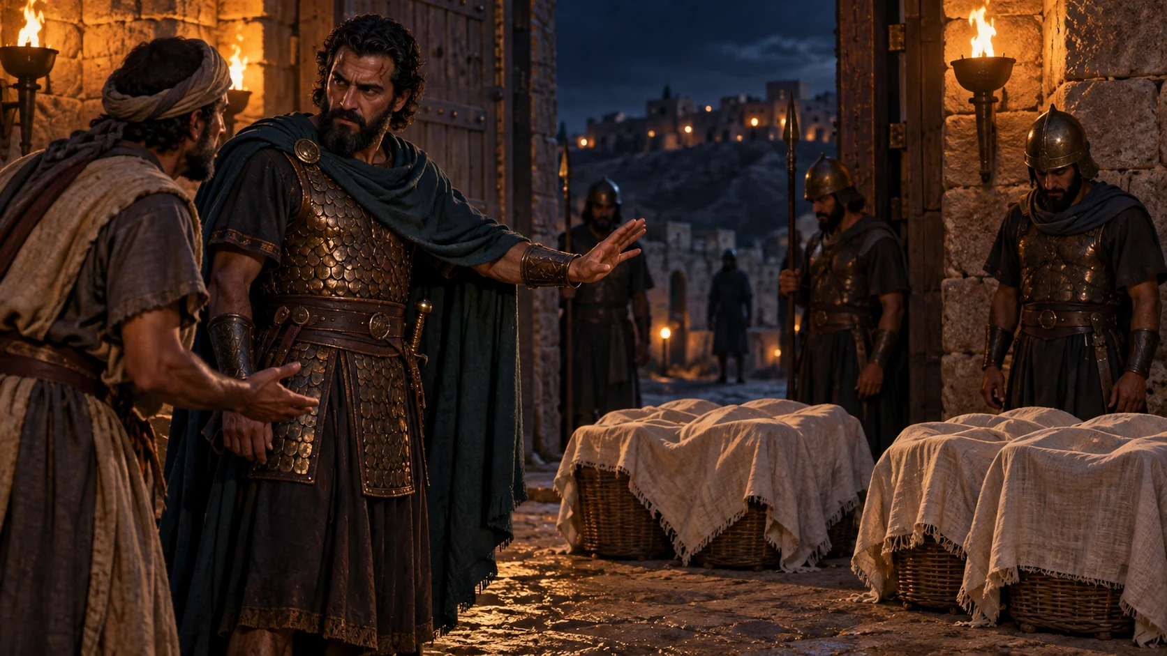 A messenger reports the baskets to Jehu, who orders them placed in two groups at the city gate.