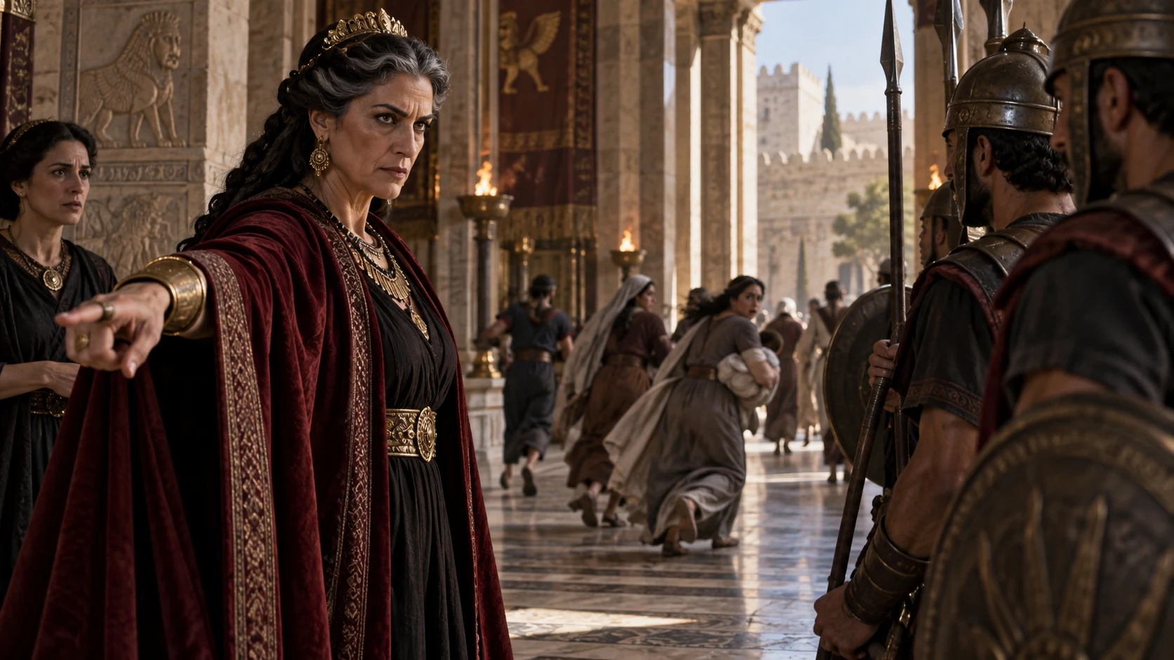 Athaliah hears of Ahaziah’s death and commands a palace purge; show command and fearful flight, no violence spectacle.