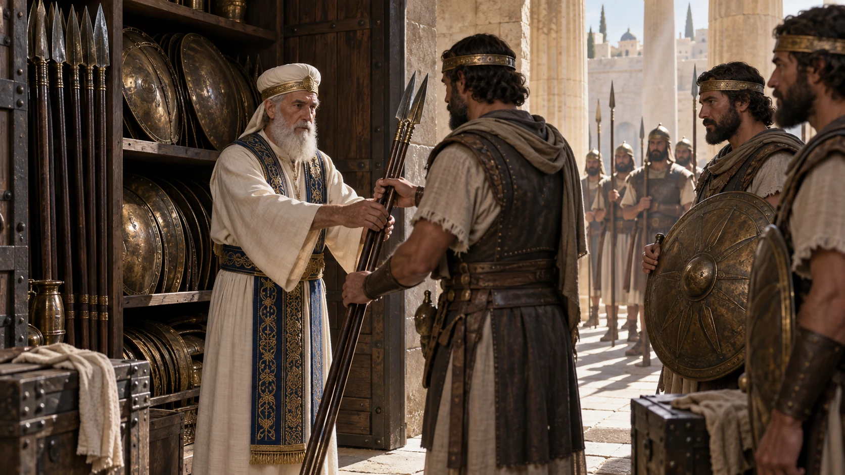Jehoiada distributes age-worn spears and shields associated with David from temple storeroom to commanders.