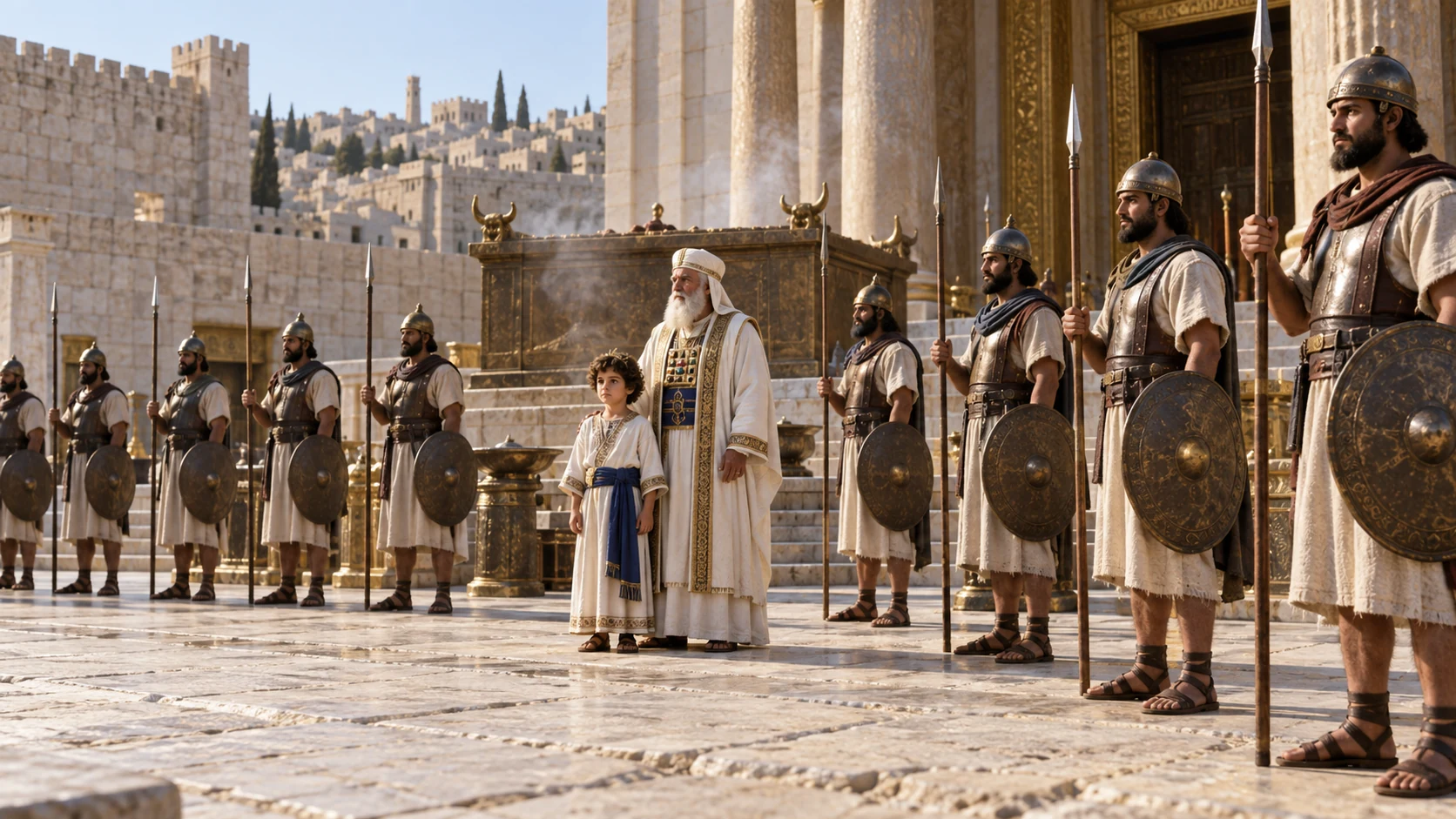 Armed guards line both sides of the temple by altar and house, a clear protected space around young Joash.