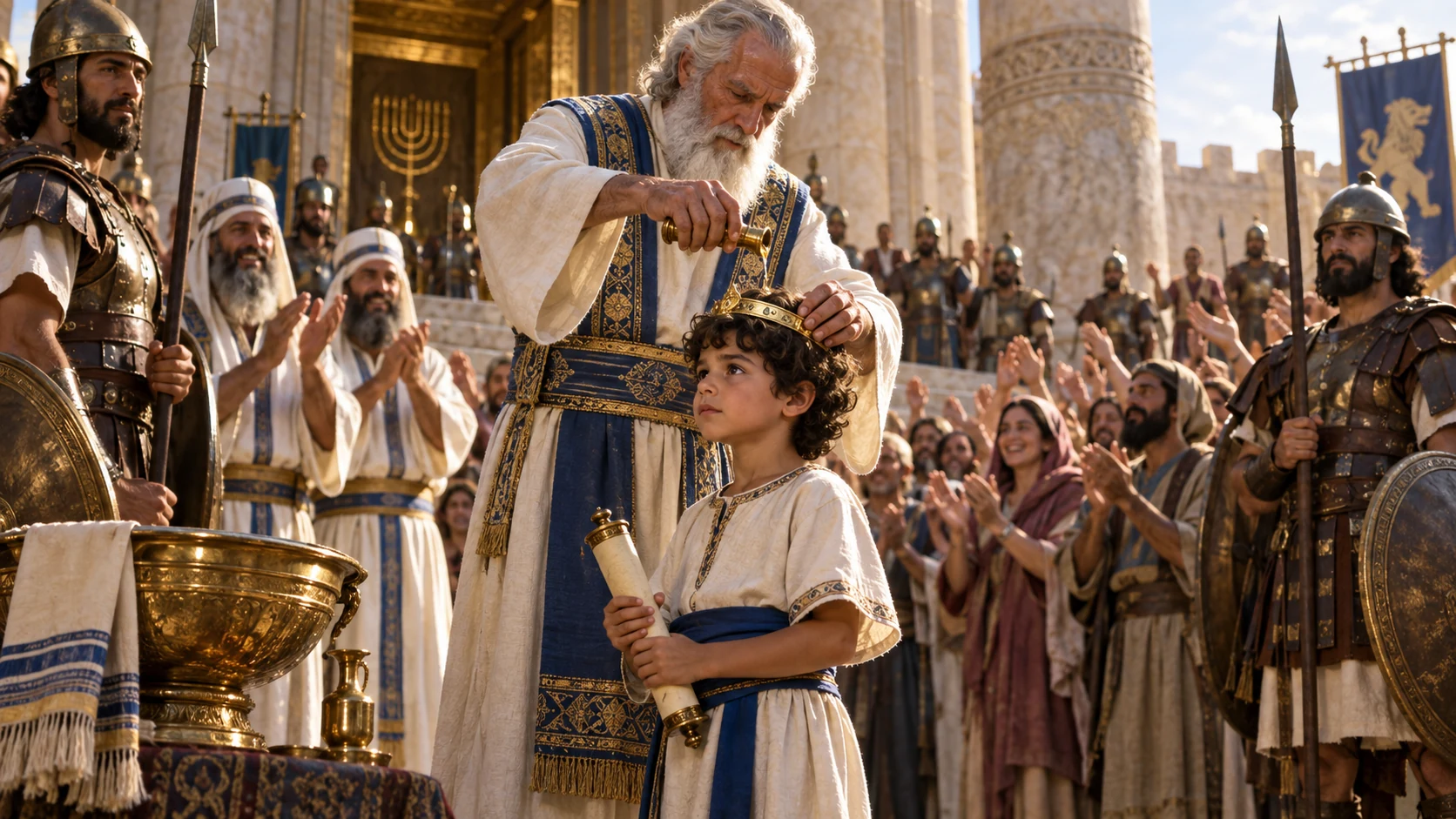 Jehoiada places a modest crown on seven-year-old Joash, gives testimony scroll, anoints him; joyous clapping.