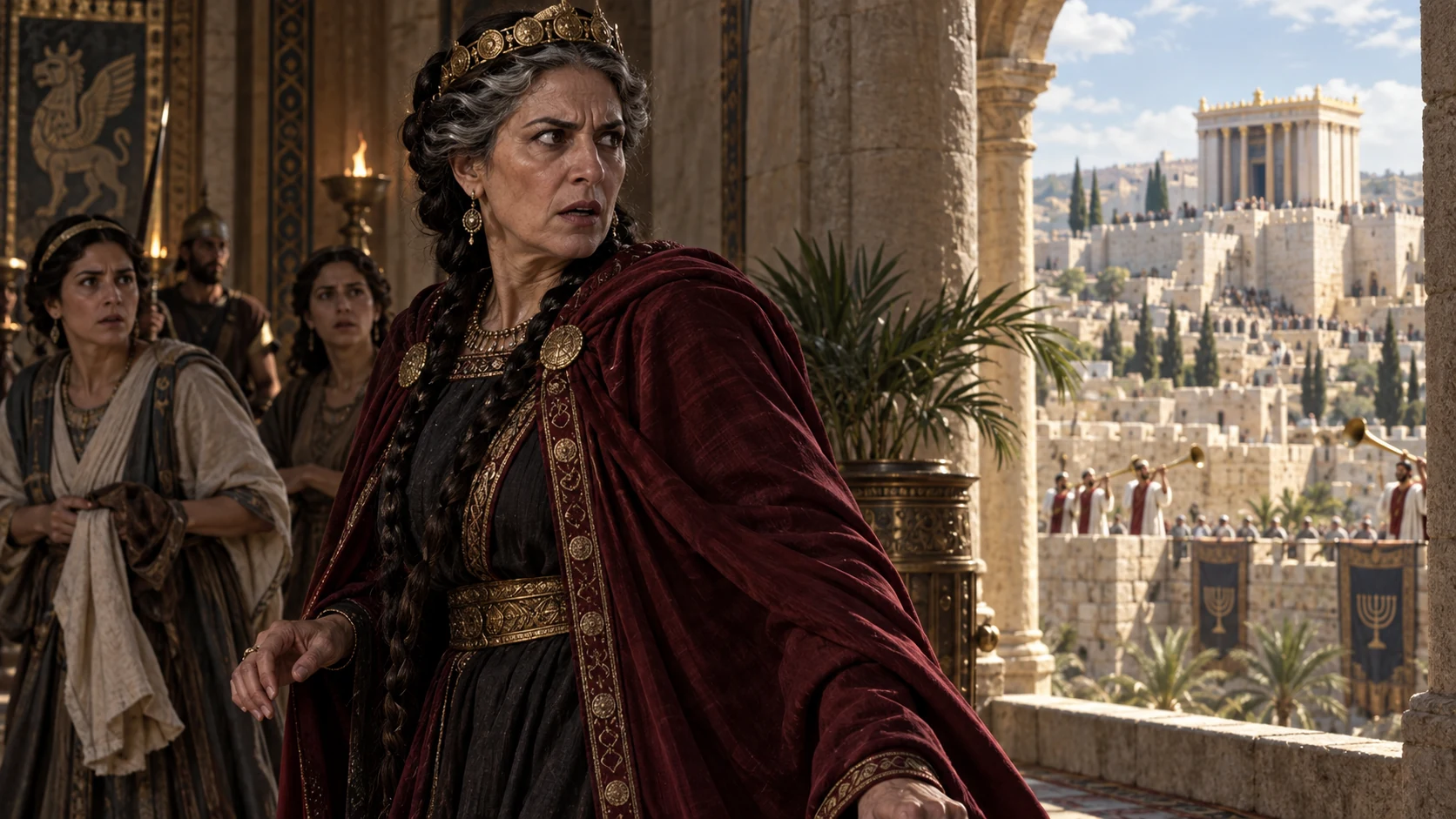 Athaliah in dark royal mantle stops in palace corridor as distant temple trumpet sounds reach her.