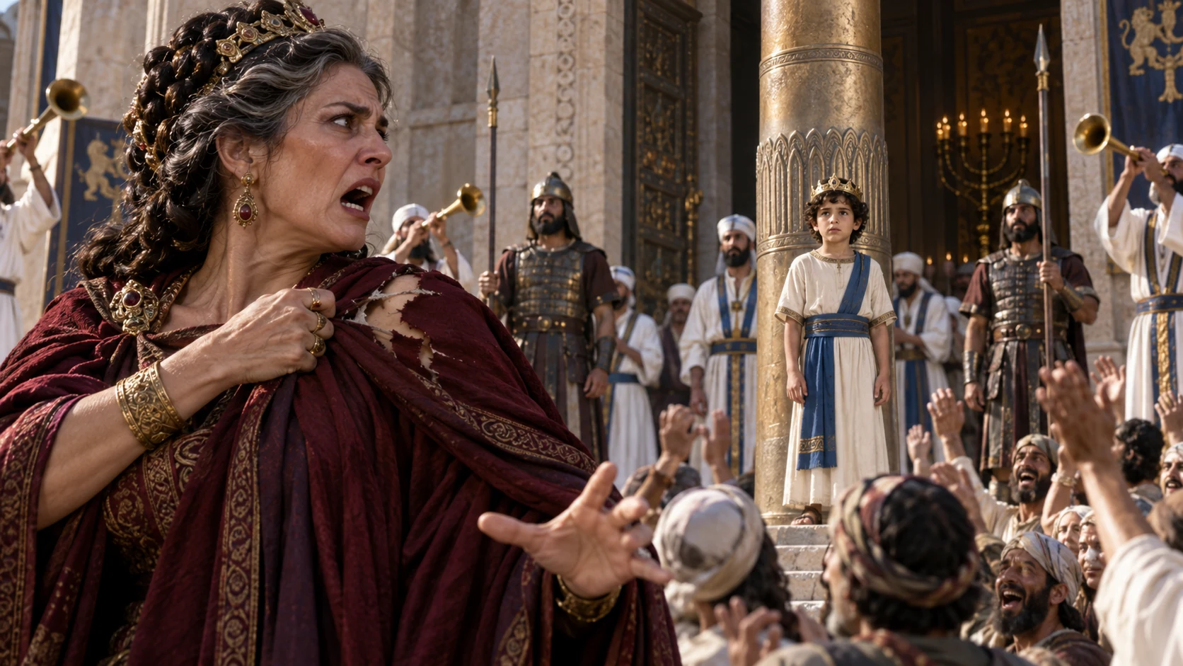 Athaliah arrives at temple, sees Joash by customary pillar amid trumpets and cheering, tears her mantle in shock.