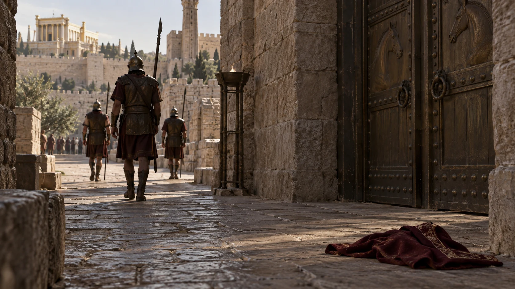 At horse entrance of palace, guards escort Athaliah away; indicate her death only by aftermath and empty passage, no graphic killing.