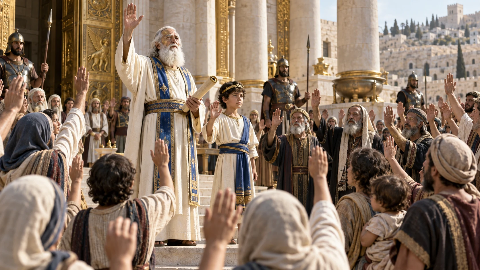 Jehoiada, young Joash and gathered people seal covenant in temple courtyard, hands solemnly raised.