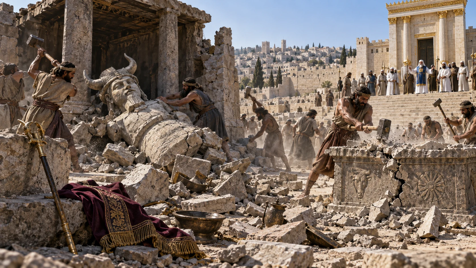 Crowds dismantle Baal temple altars and images; Mattan’s death only implied by deserted priestly staff, no graphic harm.
