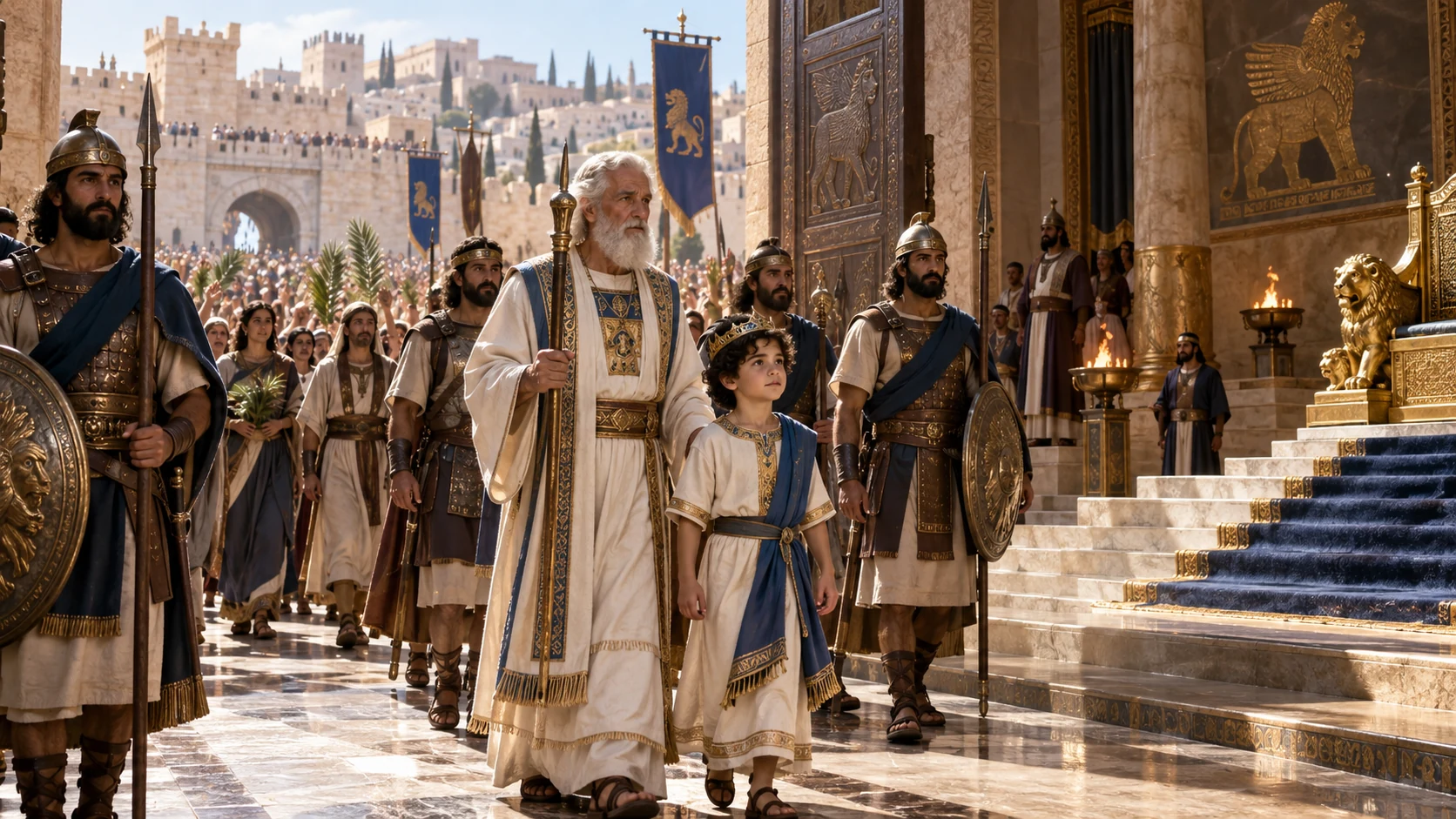 Jehoiada and guards escort child Joash through gate of runners into palace and to throne.