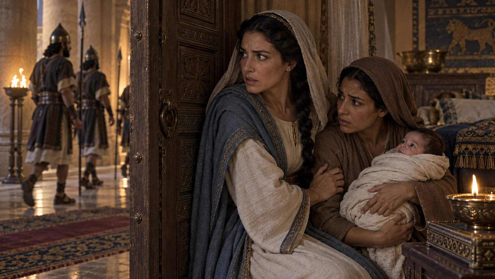 Jehosheba, Ahaziah’s sister, takes infant Joash and his nurse into a hidden bedchamber beyond Athaliah’s reach.