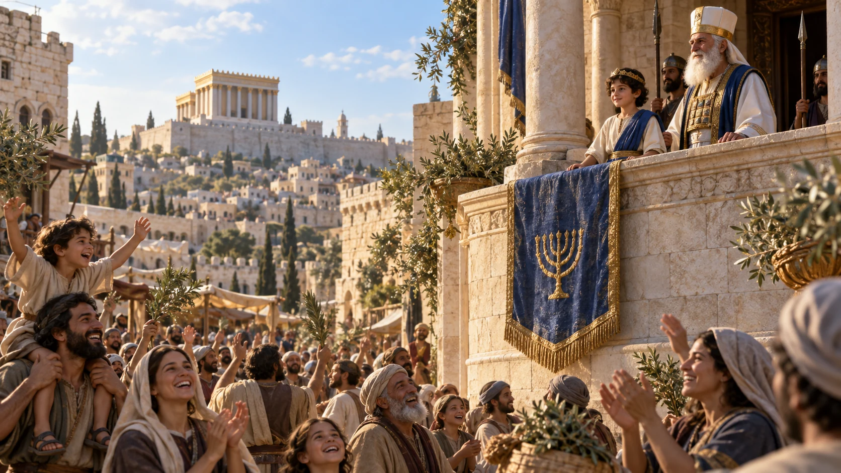 Jerusalem crowd rejoices in sunlit streets; Joash visible at palace balcony, calm city after Athaliah’s death.