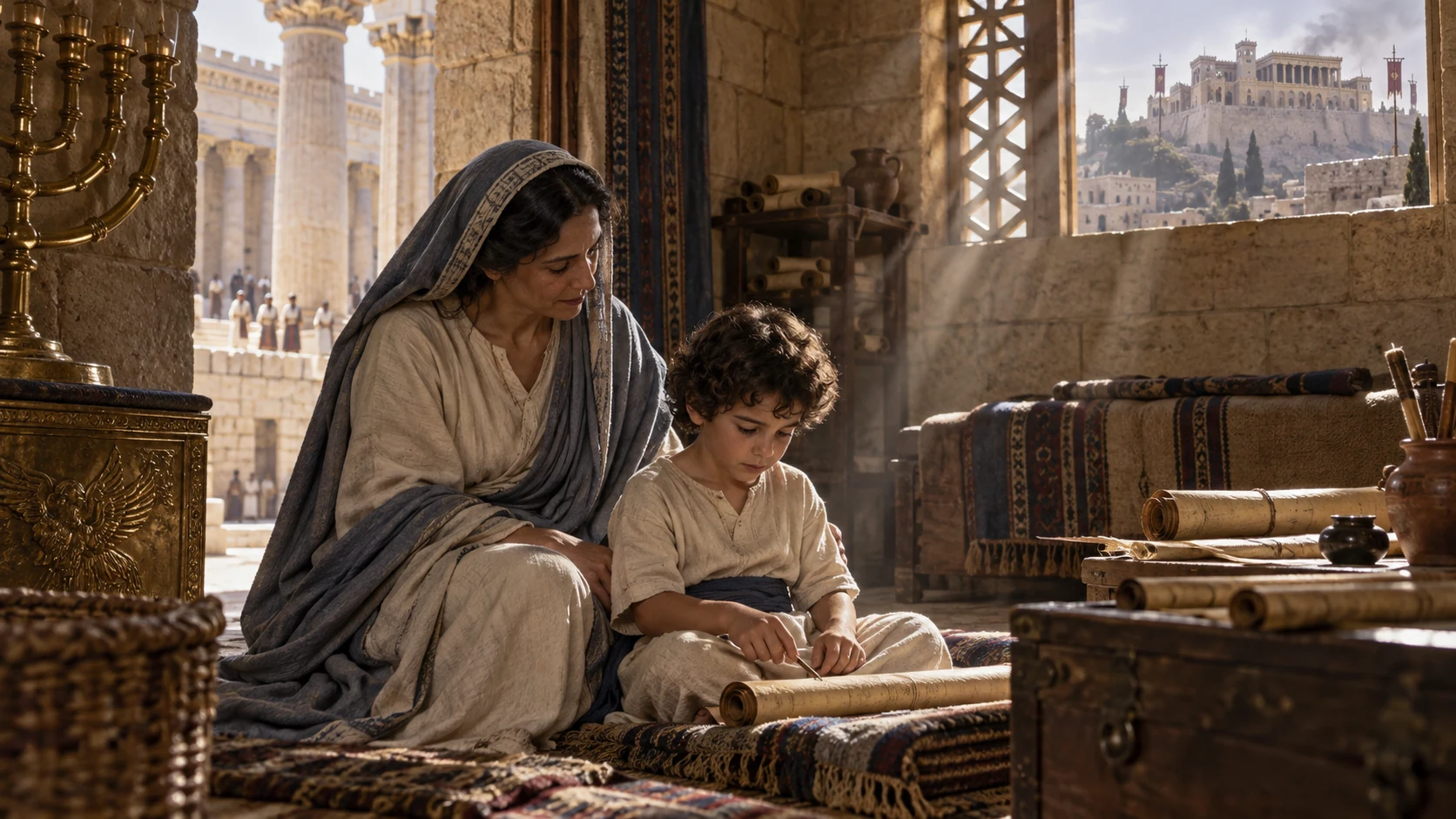 A montage-like quiet temple courtyard: Jehosheba and priest guard a now older child Joash, while Athaliah reigns in distant palace.