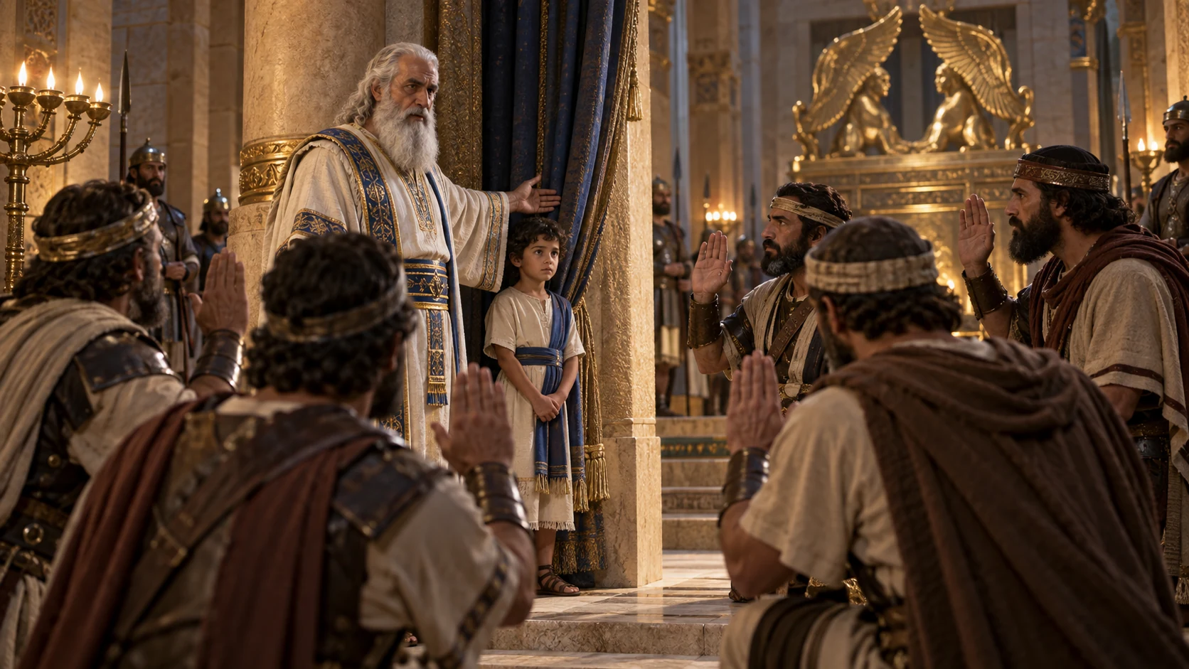 Jehoiada priest convenes trusted commanders, Carites and runners secretly in Yahweh’s temple and reveals seven-year-old Joash.