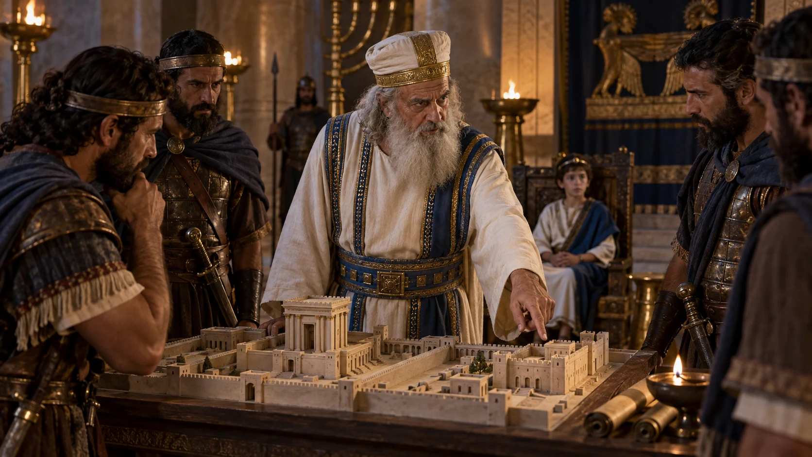 Jehoiada points to a simple plan of the palace while armed men accept the first watch assignment.
