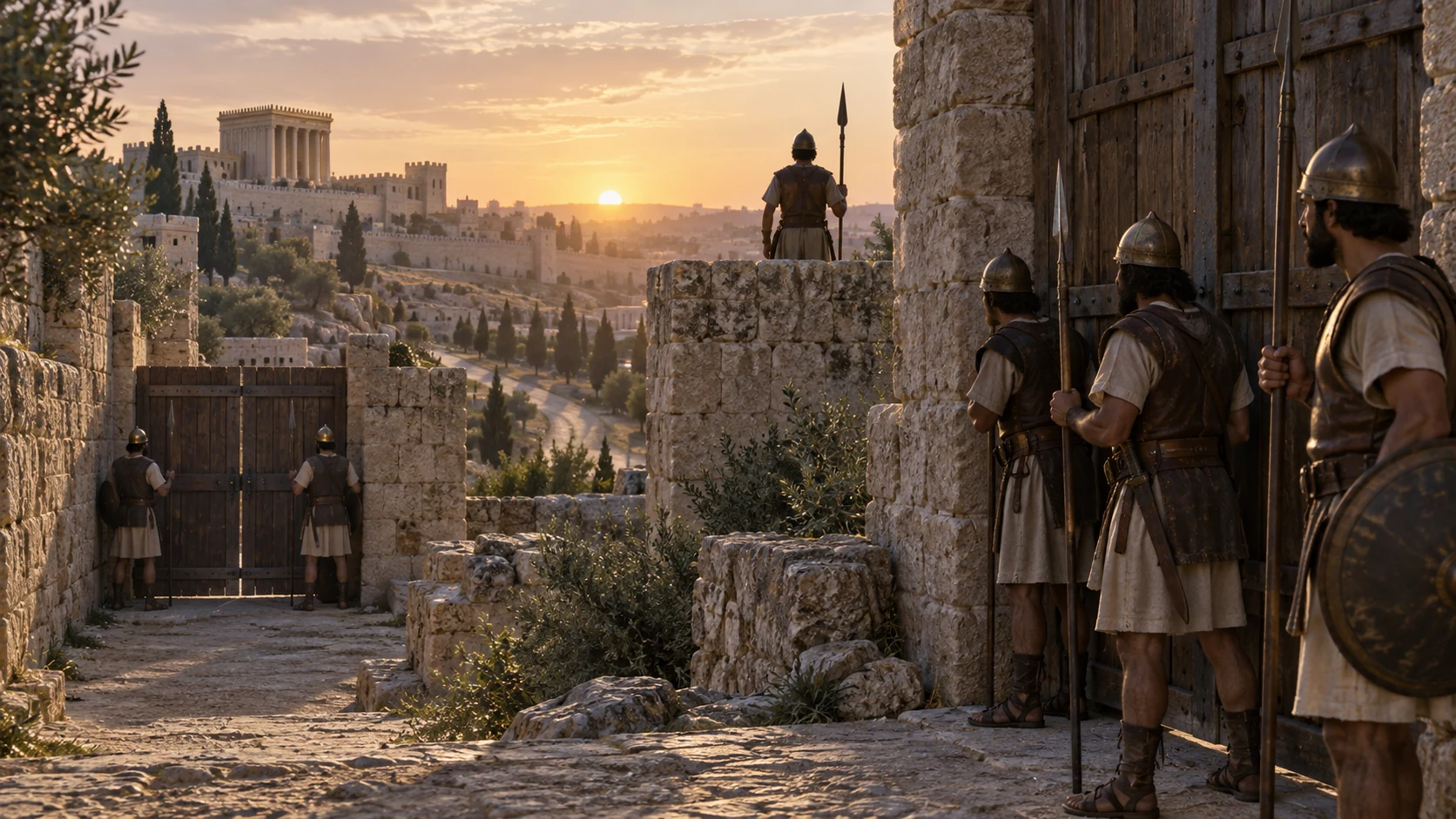 Guards quietly take stations at the Sur Gate and behind the runners, with temple approach protected.