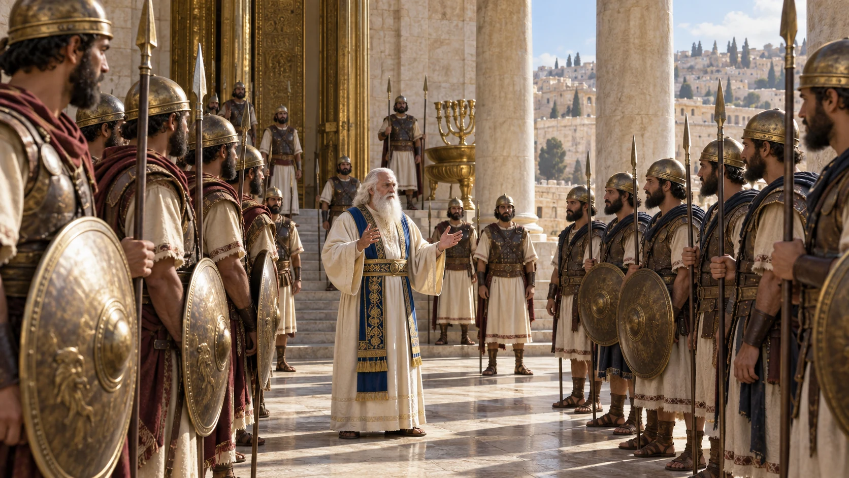 Two arriving and departing groups of commanders join Jehoiada in temple court.