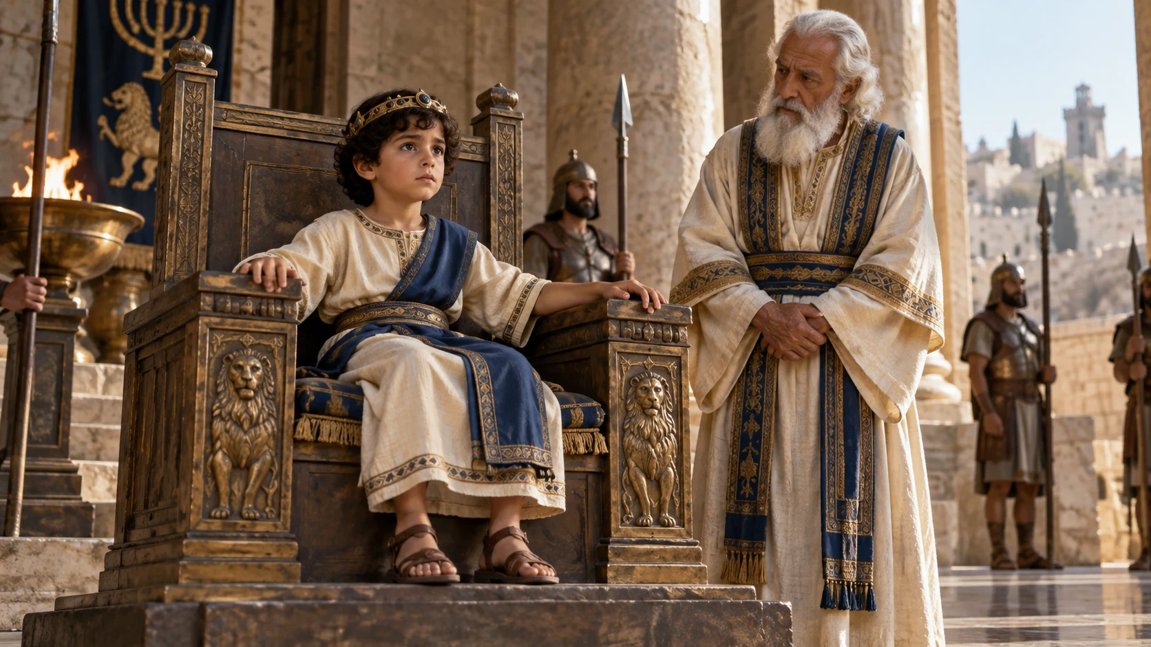 Seven-year-old Joash with dark curls, cream tunic, blue sash and small circlet sits on Judah’s throne, feet barely reaching floor.