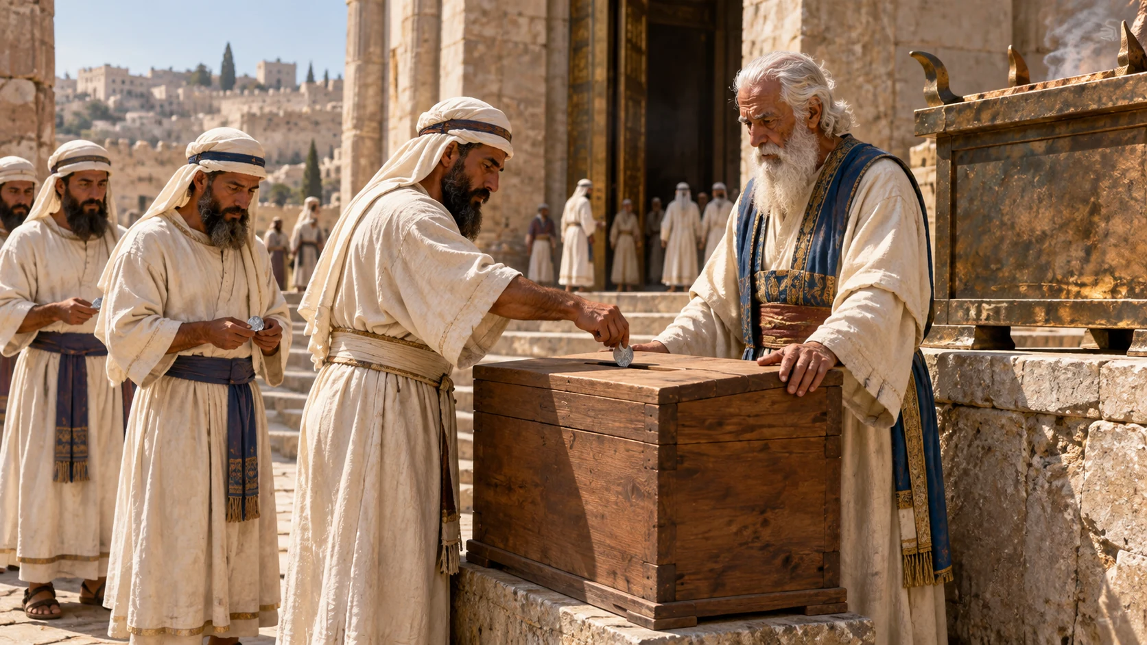 Very elderly Jehoiada places a wooden chest with a slot beside altar at right of entrance; threshold priests drop silver into it.