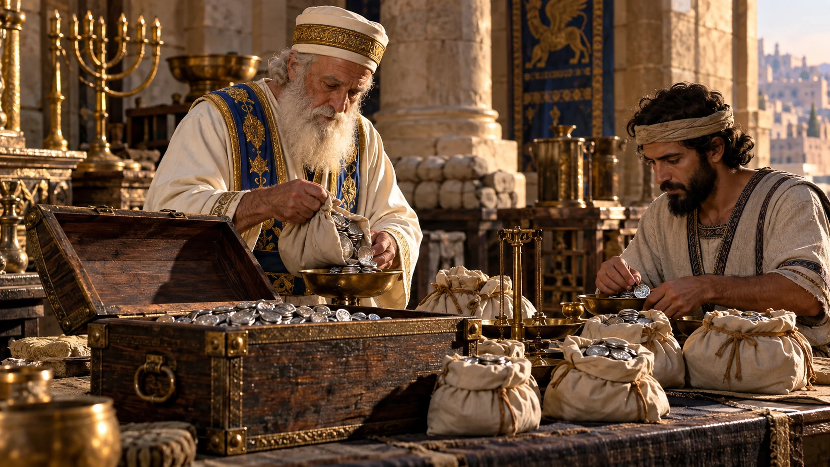 A royal scribe and elderly high priest open full chest, bundle and count silver at temple treasury table; no legible writing.