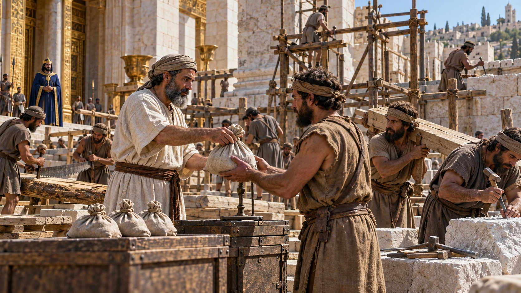 Appointed overseer hands weighed silver to carpenters and builders amid temple scaffolding, tools and repair in progress.
