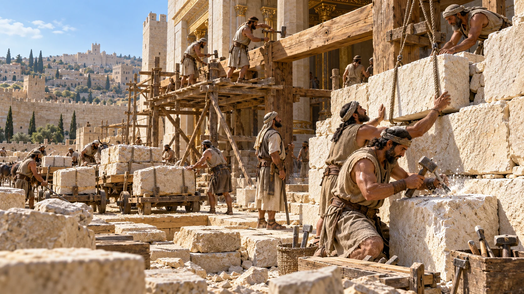 Masons and stonecutters fit quarried blocks while carpenters raise timber beams to repair damaged temple architecture.
