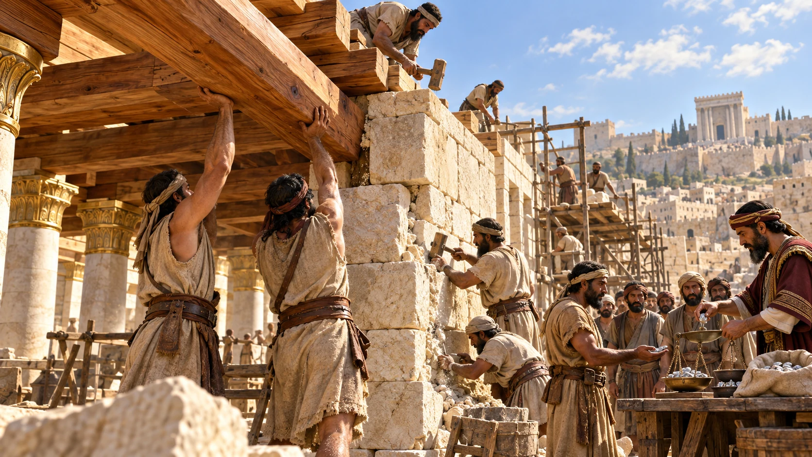 Workers reinforce temple roof and wall with timber and stone while a small payment table keeps funds flowing to labor.