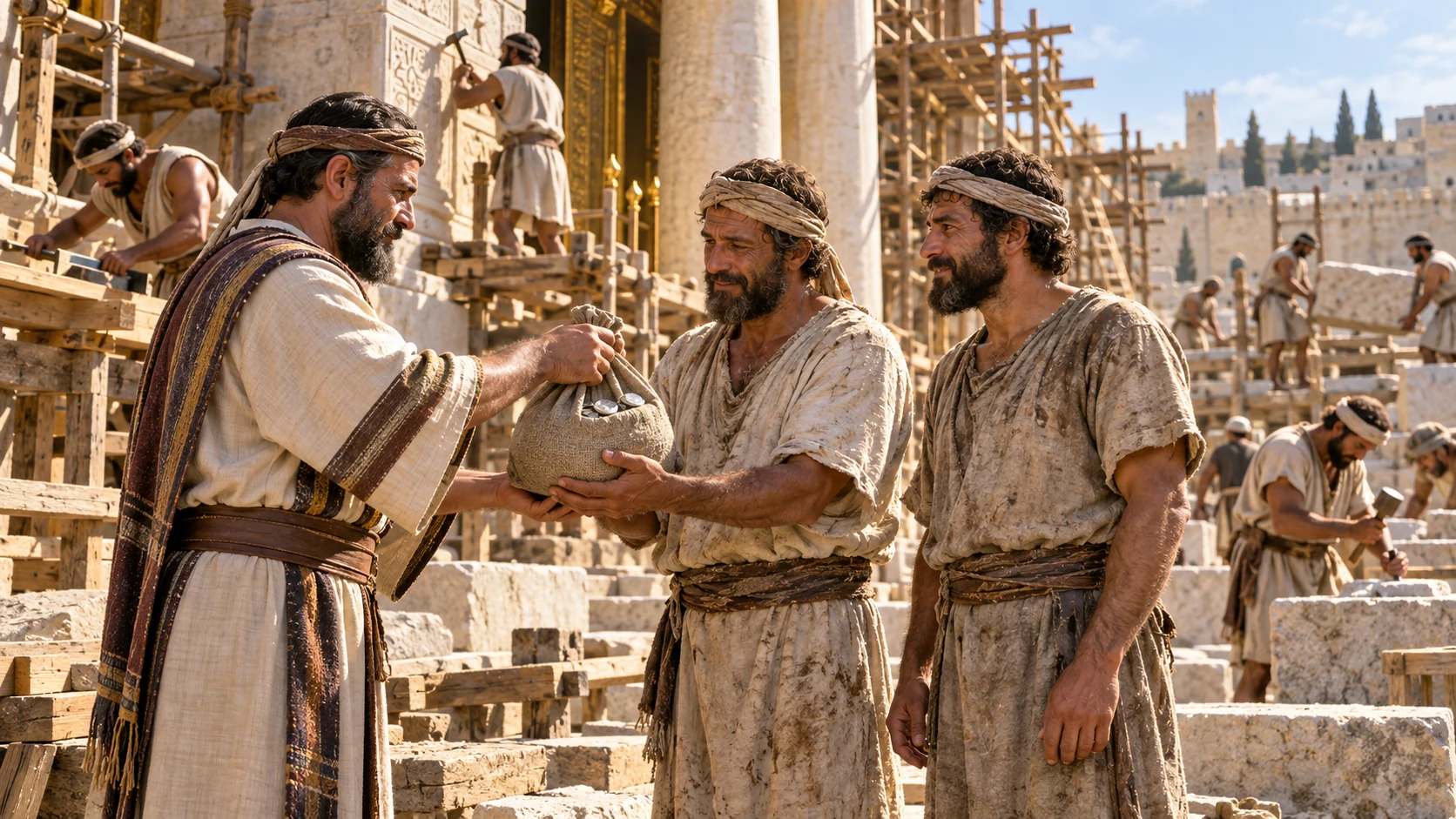 Two temple stewards entrust payment bags to honest foremen without tally scrutiny; craftspeople continue work faithfully.