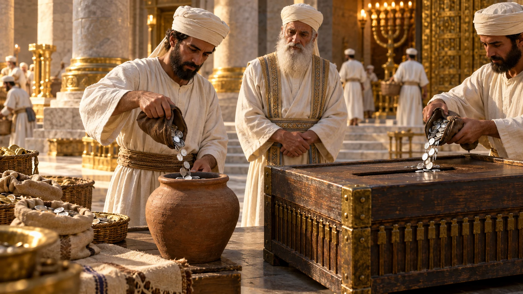 At temple treasury, priest separates designated offering silver from the wooden construction chest, each in distinct vessels.