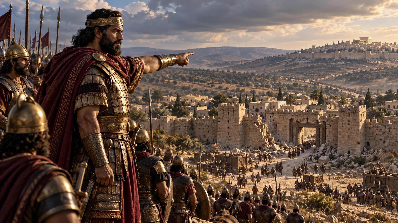 Hazael king of Aram, dark-bearded mature ruler in burgundy armor, captures Gath from afar and turns his forces toward Jerusalem; no gore.