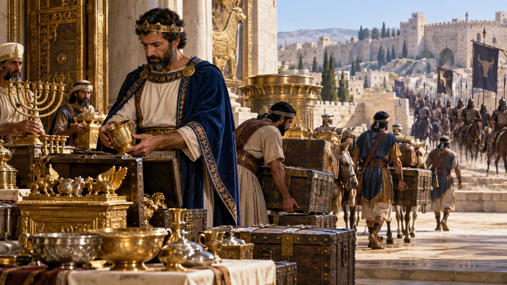 Jehoash reluctantly gathers ancestral holy things and temple and palace gold into sealed chests for envoys to Hazael; Aramean army withdraws in distance.