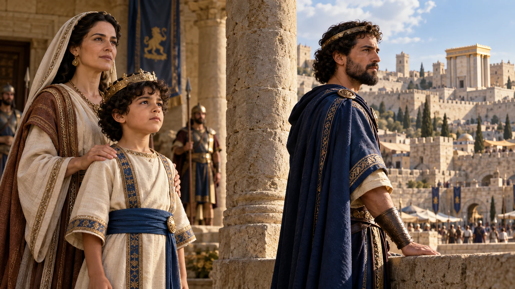 A visual passage of time at the Jerusalem palace: young Jehoash with his mother Zibiah of Beersheba, then adult Jehoash in blue mantle, city enduring.