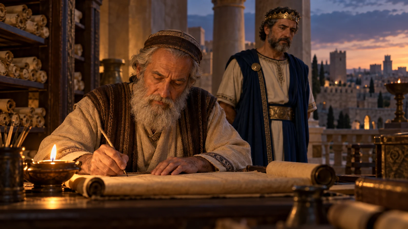 Court scribe records Joash’s deeds on scroll under lamplight as aging Jehoash stands in soft focus, no legible words.