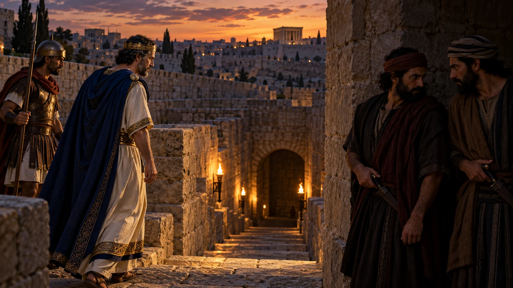 At Beth-millo passage descending to Silla, two palace servants exchange secret looks while Joash walks toward a shadowed stair; foreshadow harm, no strike.