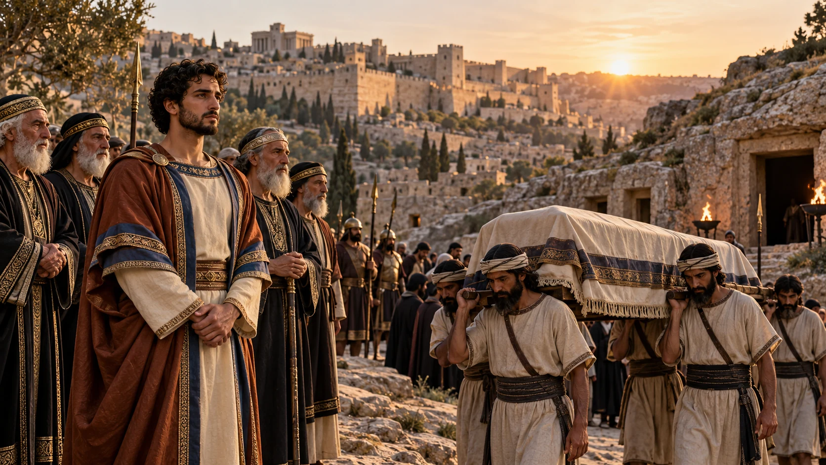 Covered bier for Joash at burial in City of David, son Amaziah in copper-brown mantle receives solemn succession beside elders; no visible wound.