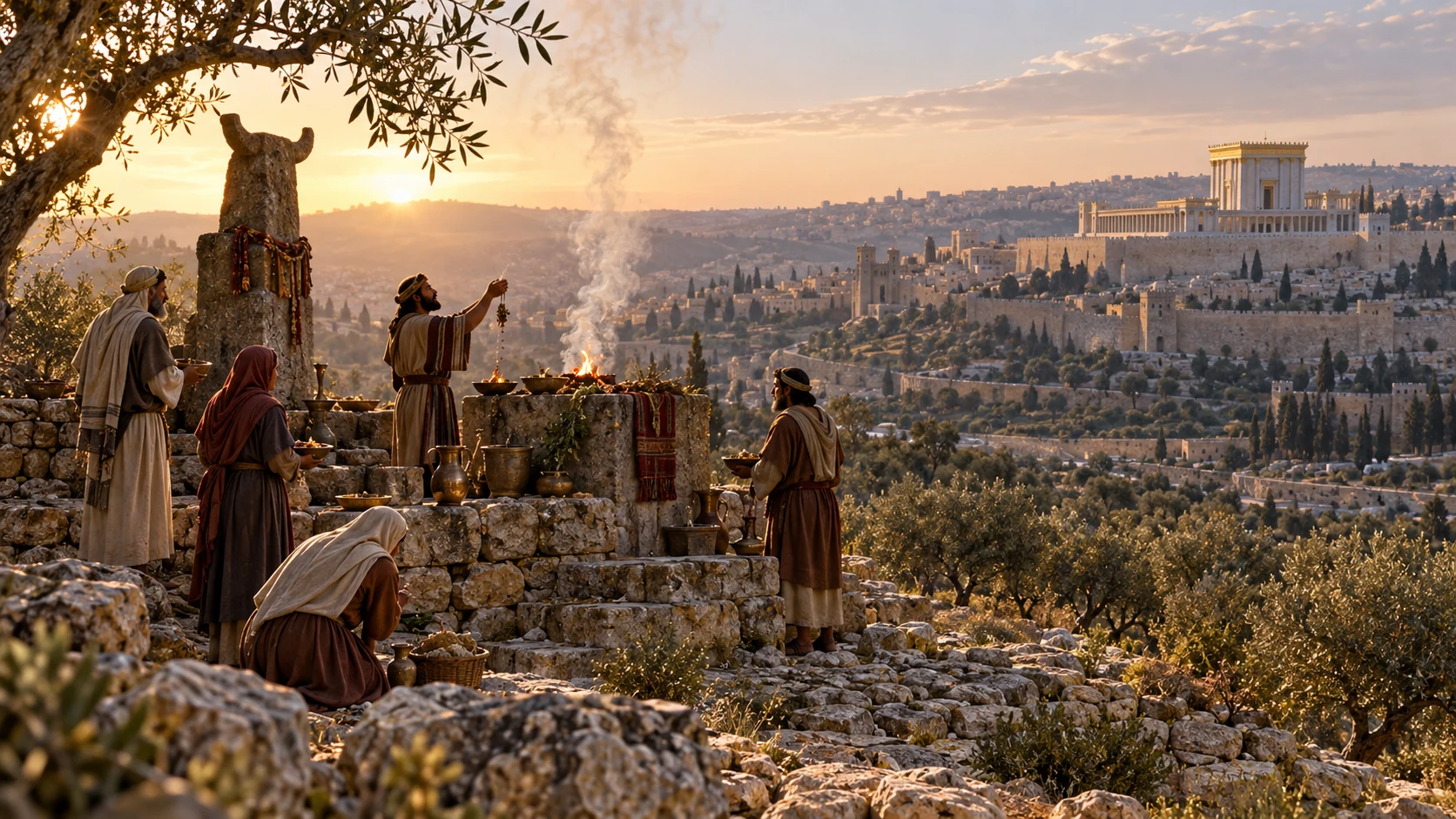 On a Judean ridge villagers still burn incense at a high-place stone altar, despite the Temple visible far beyond; no caricature.