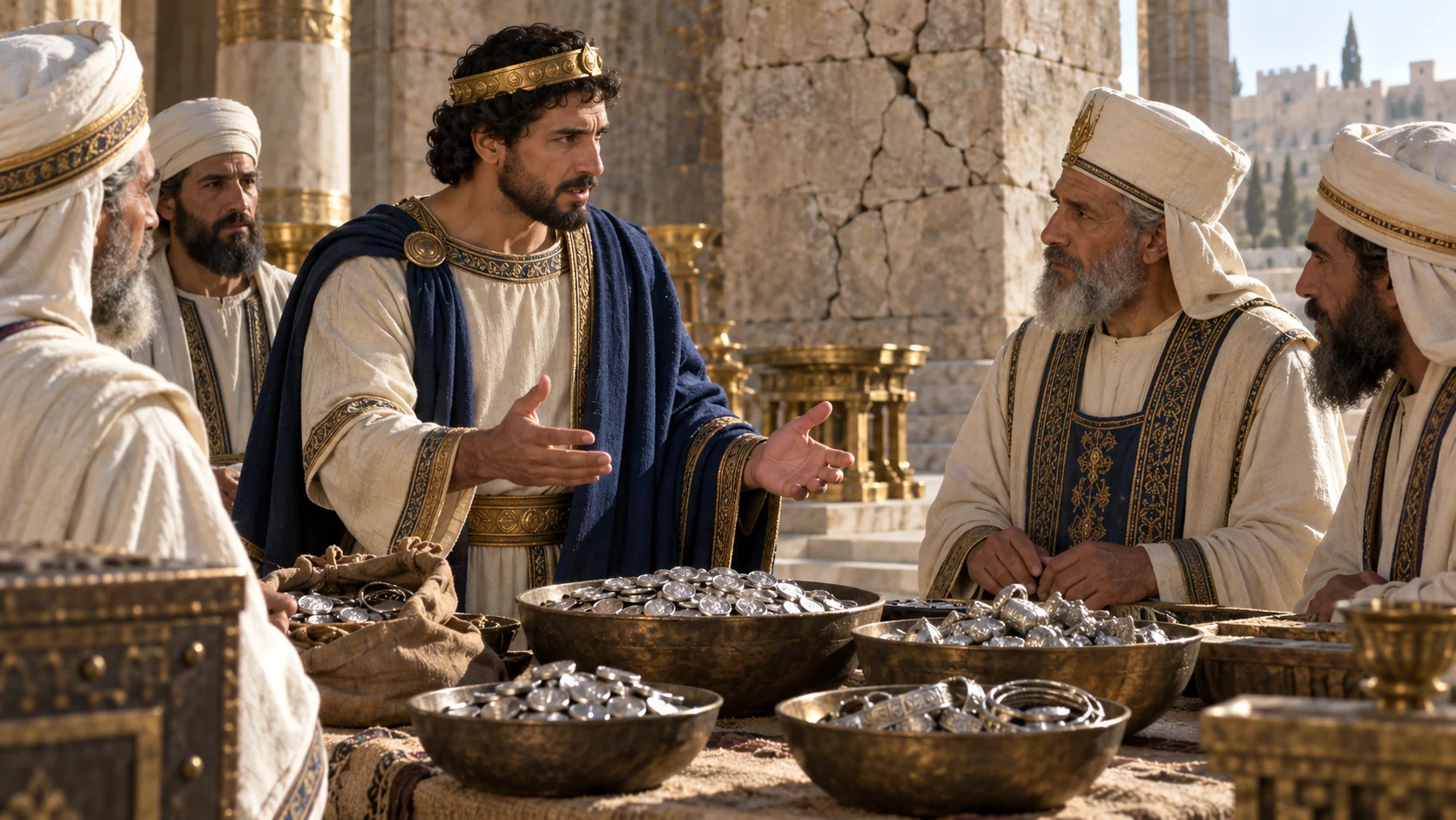 Adult Jehoash with dark curls and short beard in deep blue mantle addresses priests about money brought to Yahweh’s house, damaged stonework behind.