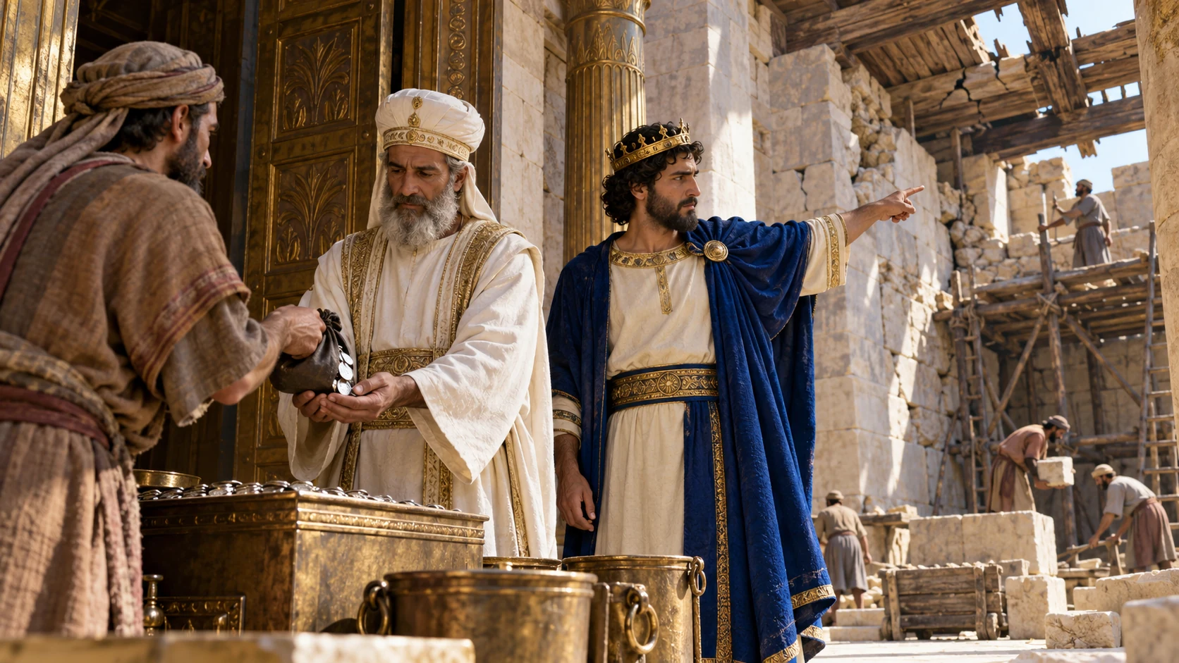 A priest receives donor silver at temple threshold while Jehoash points to cracks in stone wall and leaking timber above.