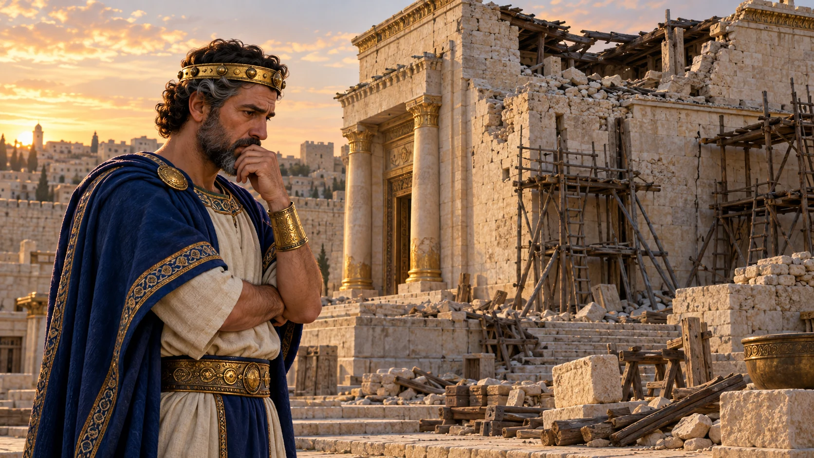 Older adult Jehoash confronts unrepaired temple wall and idle scaffolding; the passage of years shown by weathered cracks, no lettering.