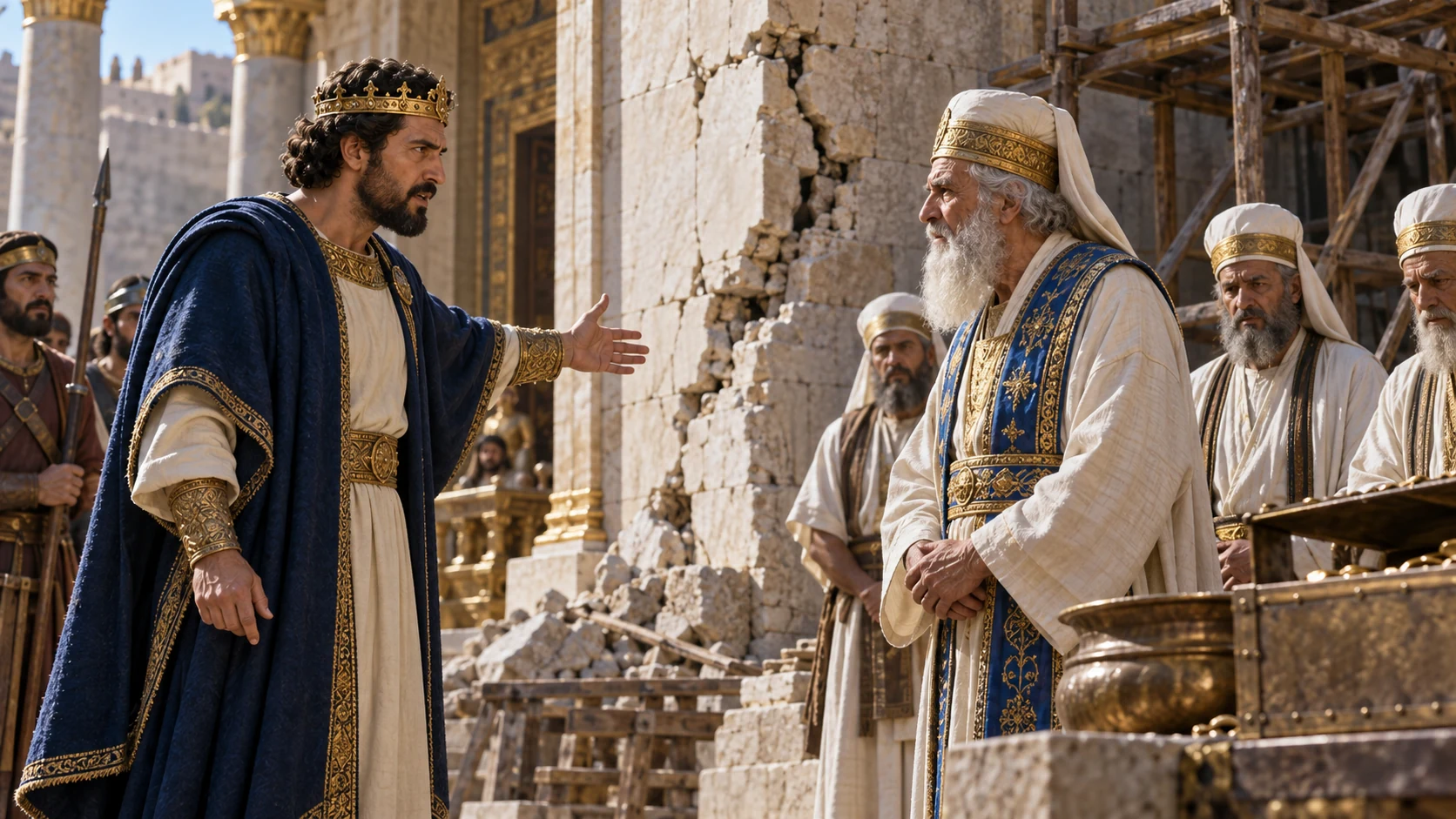 Adult Jehoash firmly questions very elderly Jehoiada and assembled priests beside damaged temple wall; money must now go directly to repairs.