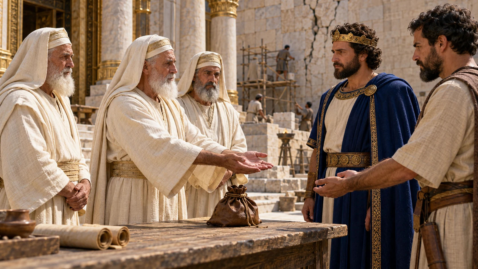 Priests set aside donor ledgers and step back from the repair contract, solemn agreement with Jehoash at temple court.
