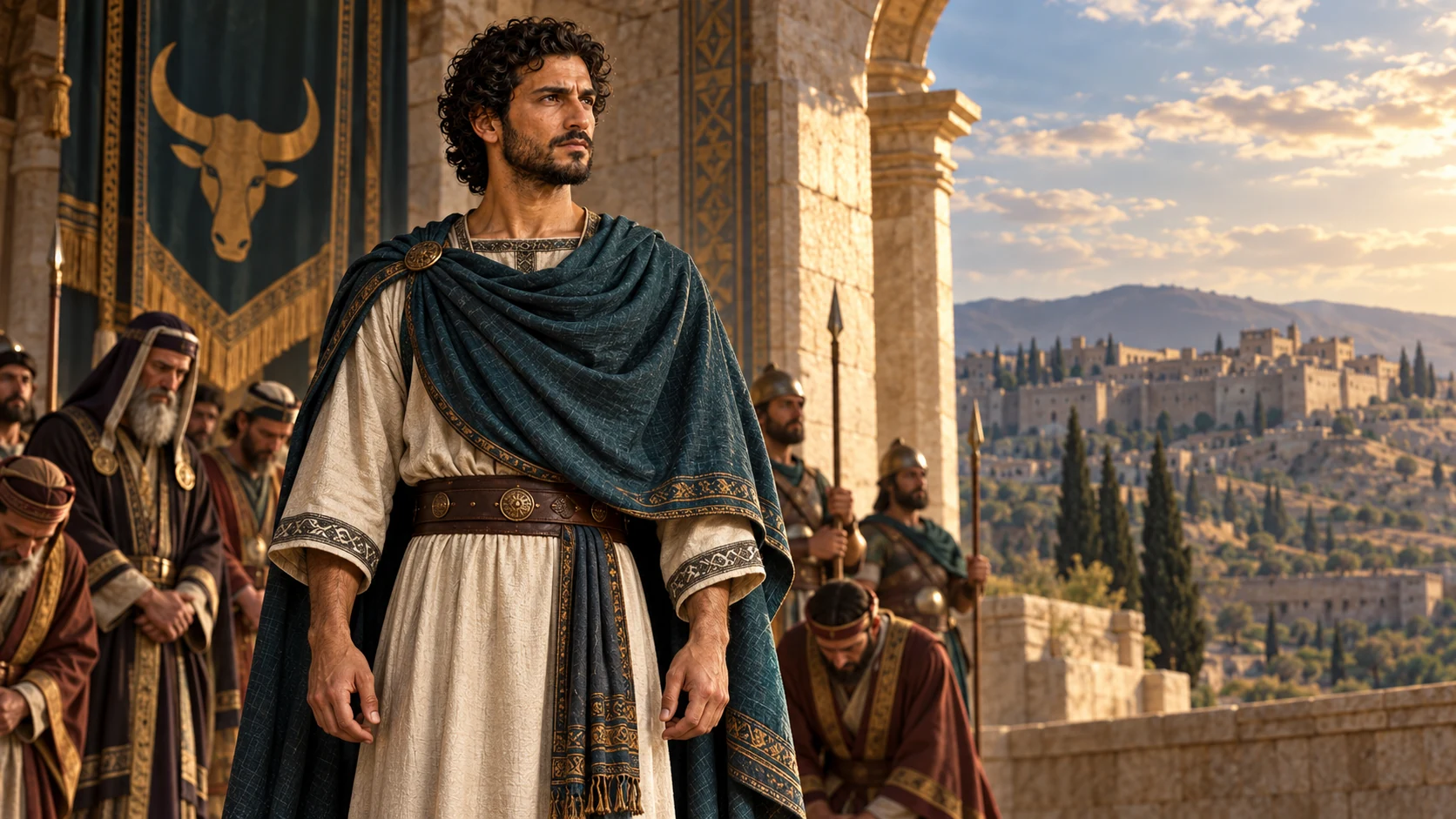 Jehoahaz, in the established dark teal mantle, stands beneath Samaria's stone palace arch at his accession, with a subdued court and distant northern hills.