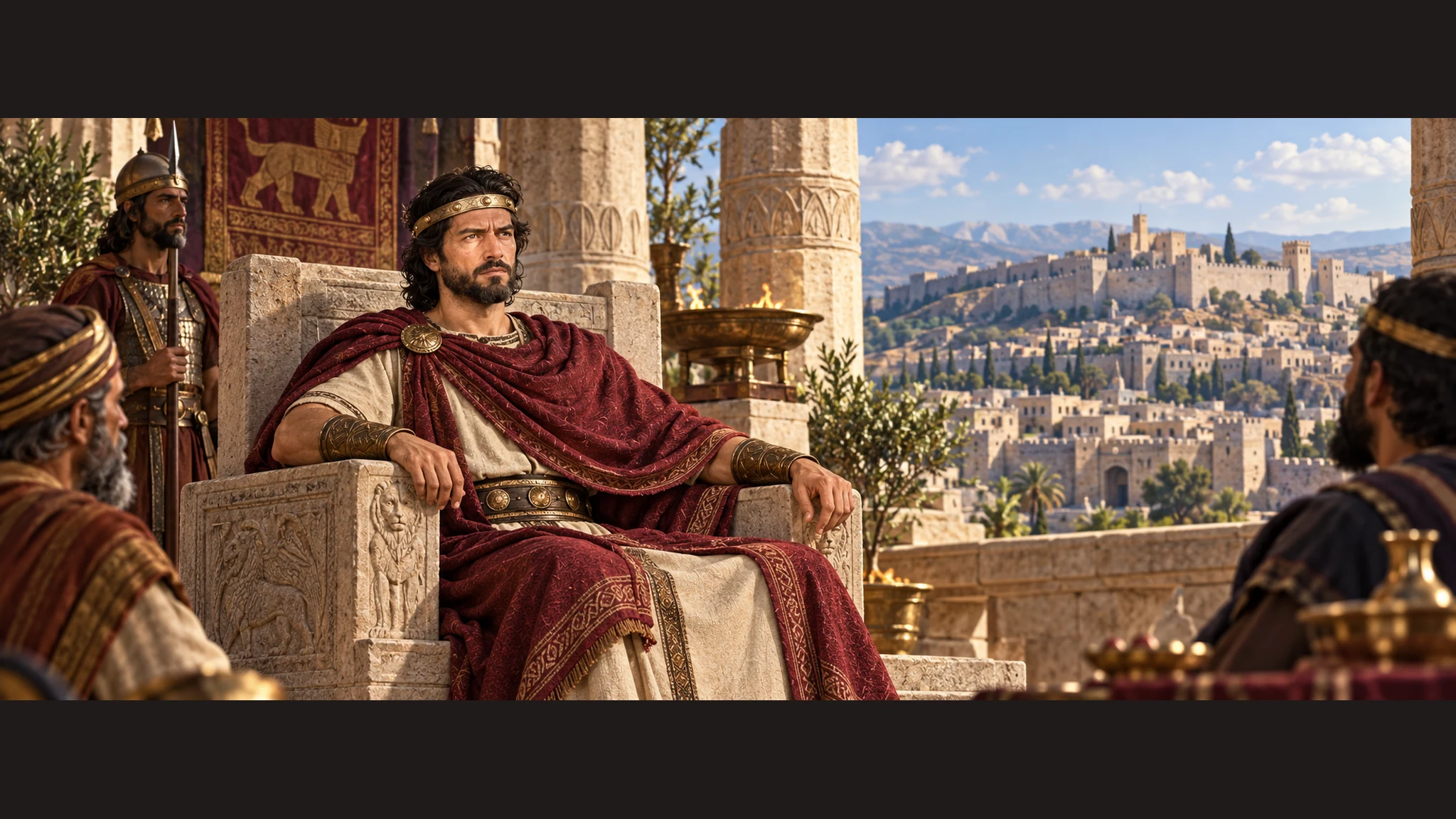 Jehoash son of Jehoahaz on Samaria's throne, wine-red mantle and straight dark hair, clearly distinct from Judah's blue-clad Joash.