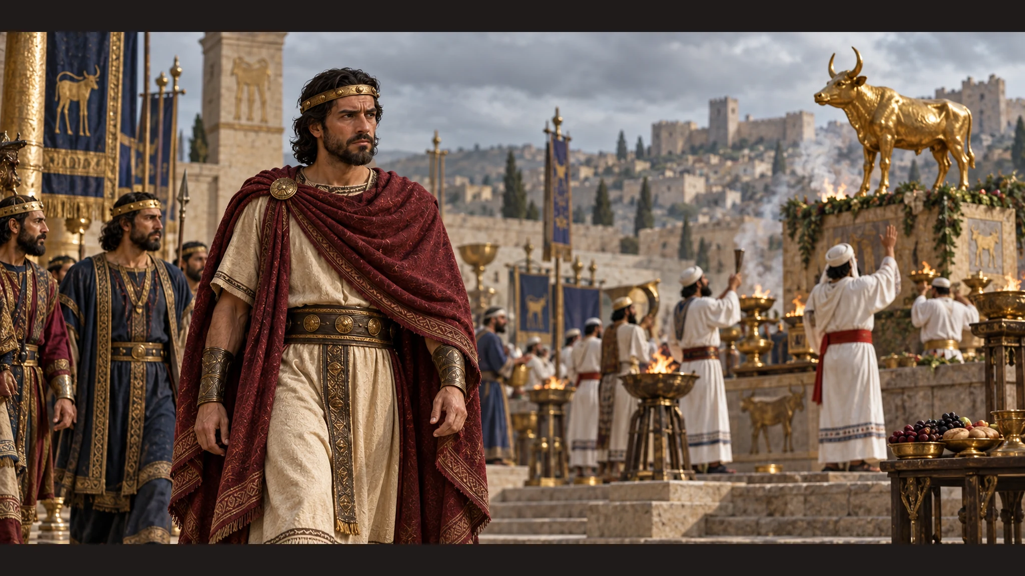 Jehoash of Israel walks through the northern royal sanctuary while the established worship continues, his expression guarded and unresolved.